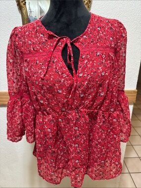 NWT Lucky Brand Red Floral Tie-Neck Peasant Bell Sleeve Blouse Size M
